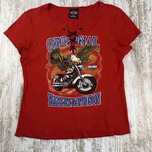 VTG Y2K Harley Davidson Women's Lace Crop Top Baby‎ Tee Size XL Bikercore USA